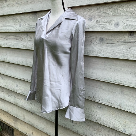 Vintage 90s Silver Gray Satin Collared V-Neck Long Sleeve Fitted Popover Blouse - Picture 3 of 16